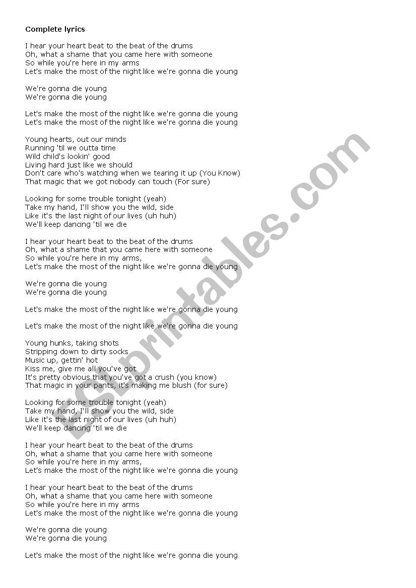 Die Young Kesha Esl Worksheet By Cris M