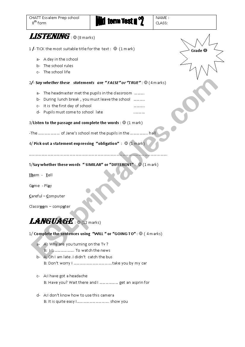 mid term test worksheet