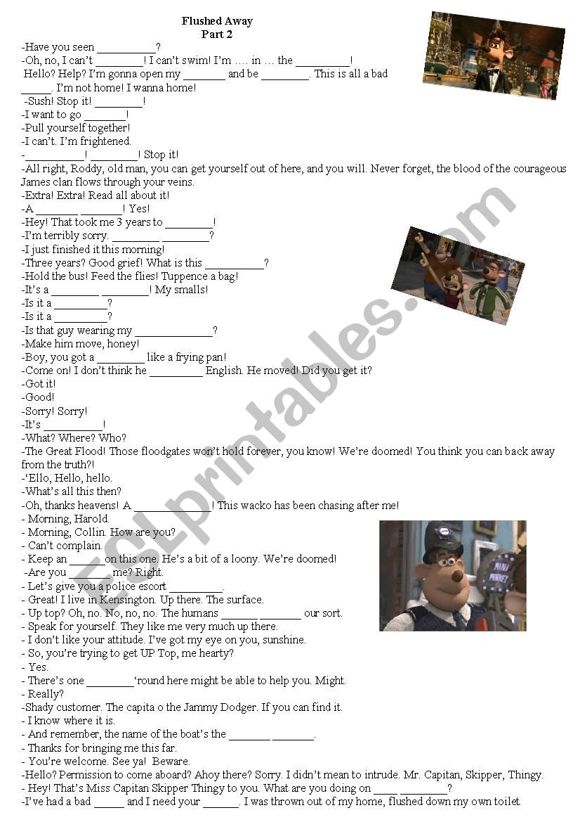 Flushed Away, part 2, cartoon worksheet