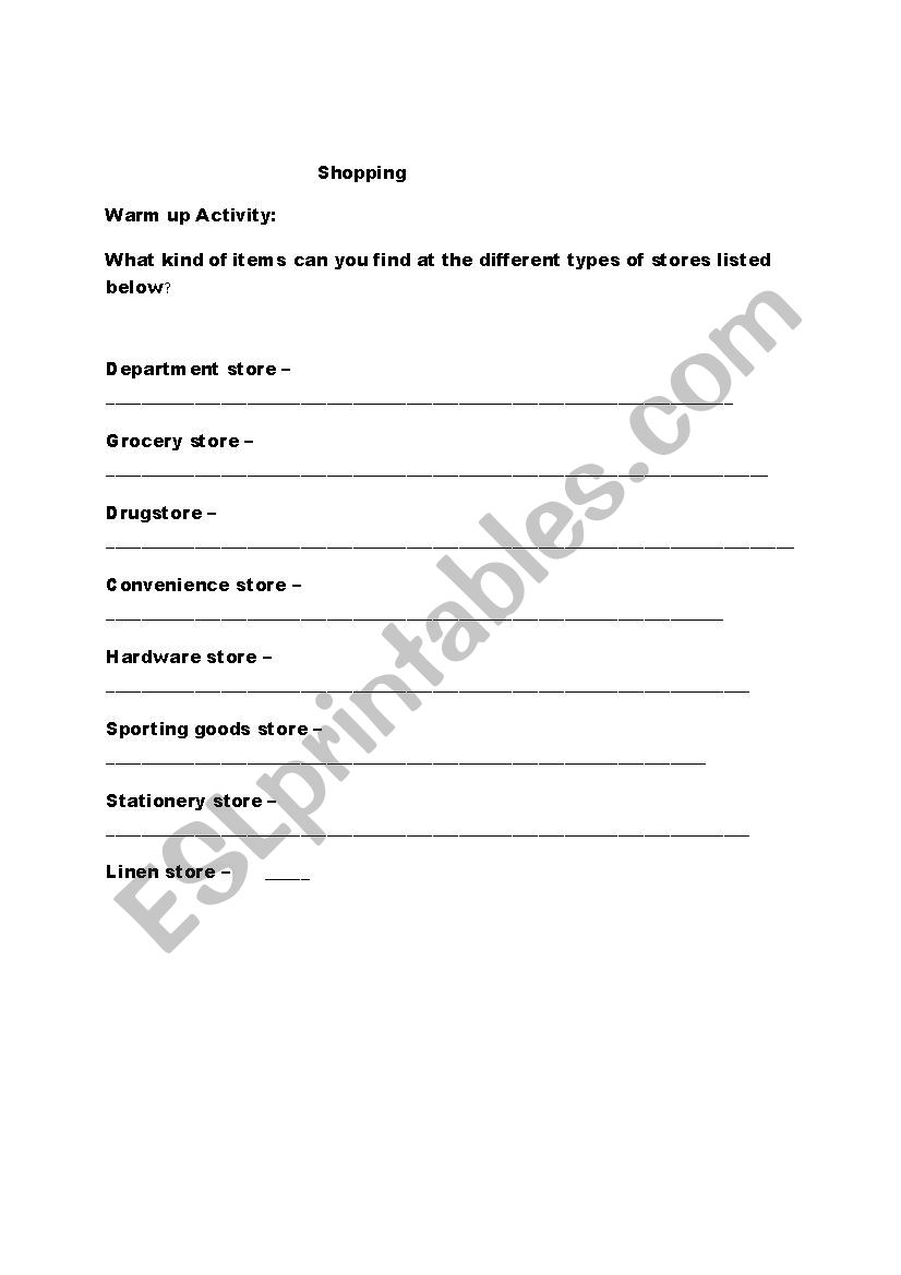 Shopping worksheet