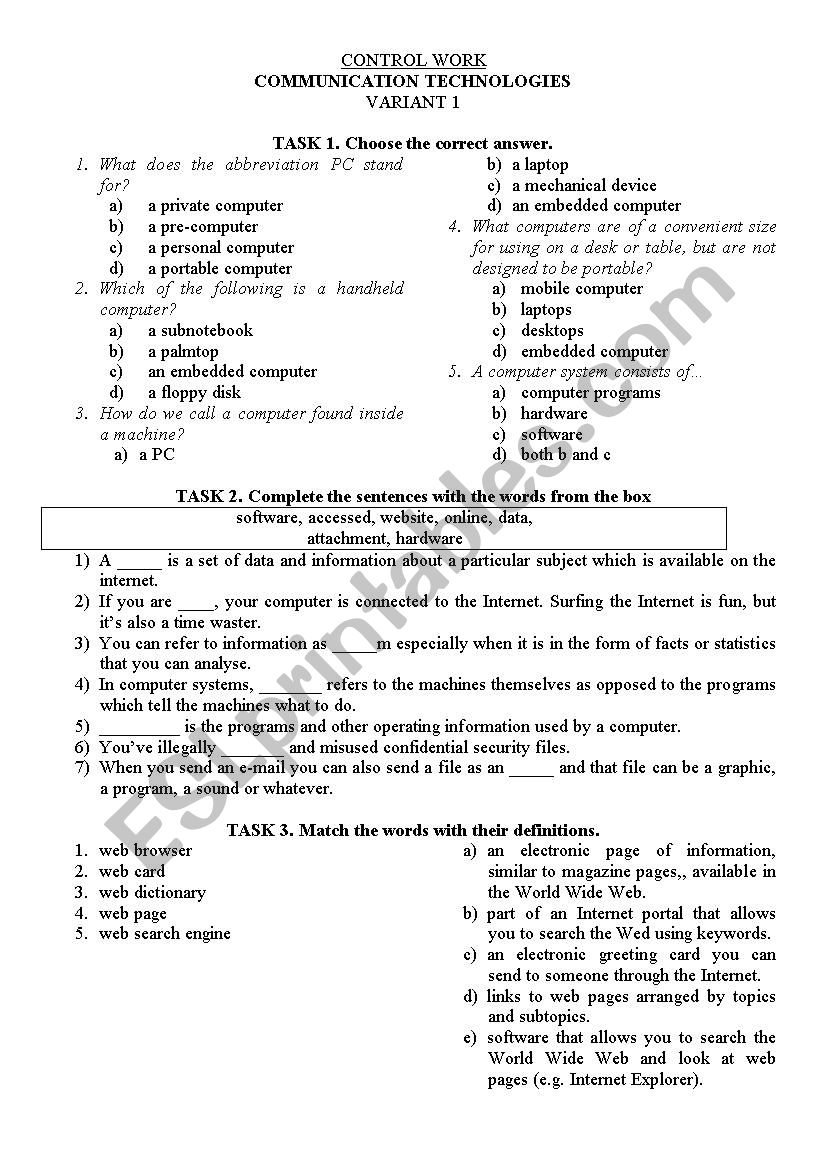 Computers worksheet