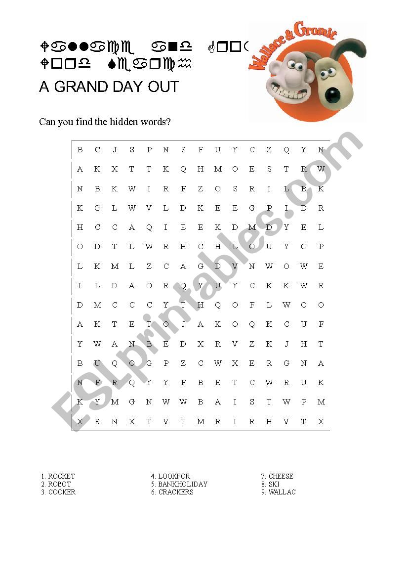 Wallace and Gromit - A grand day out - Wordsearch