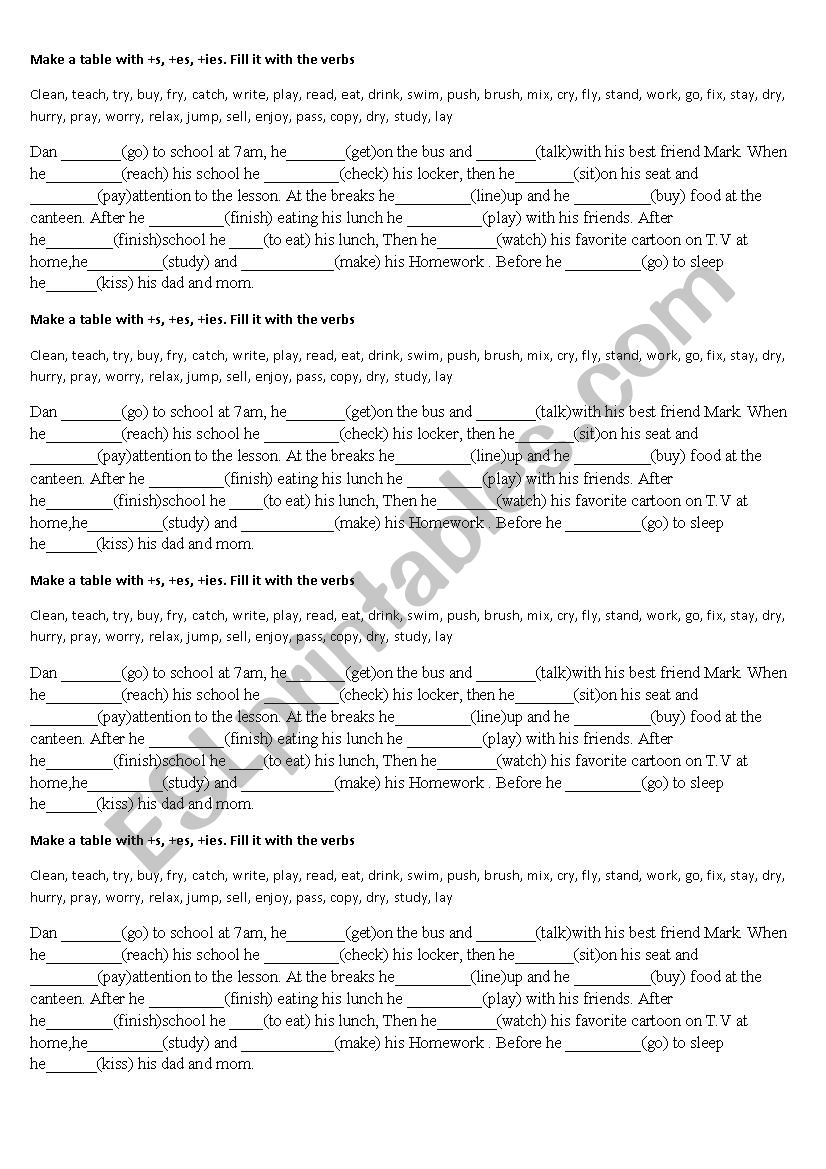 Present Simple verbs  +s, +es, +ies