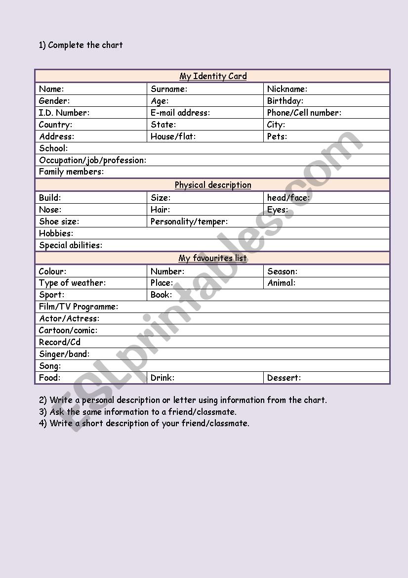 My identity Card worksheet