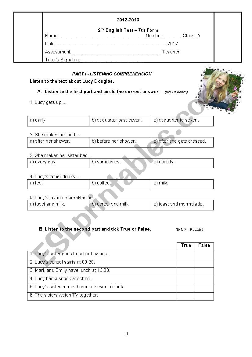 test 7th form worksheet
