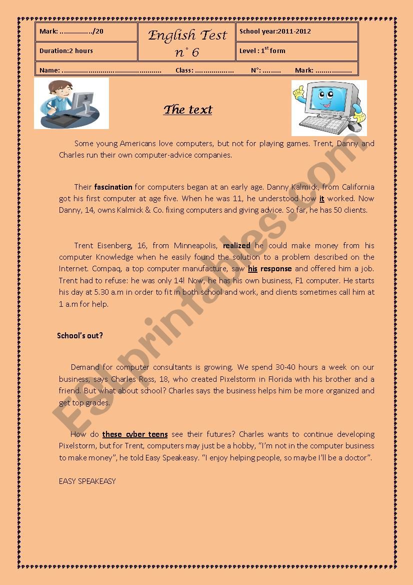 end of term 3 test worksheet