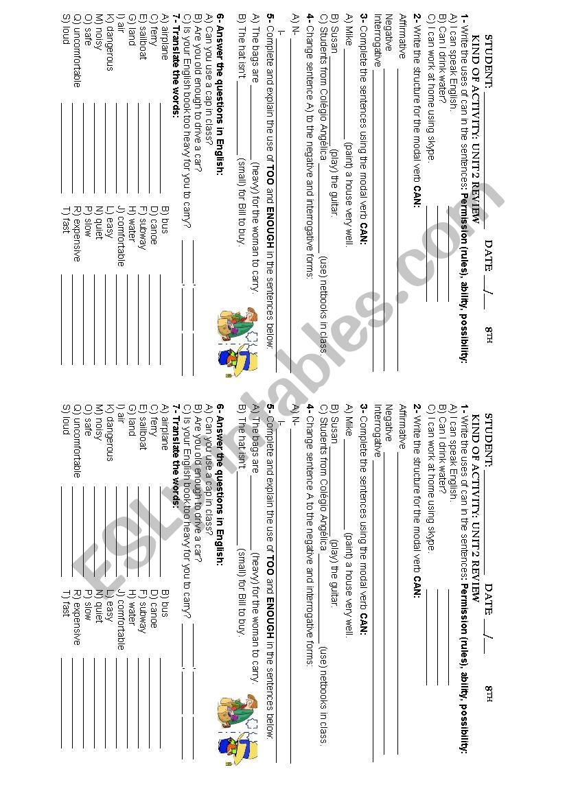 ENGAGE BOOK 2 UNIT 2 REVIEW MODAL VERB CAN, TOO AND ENOUGH