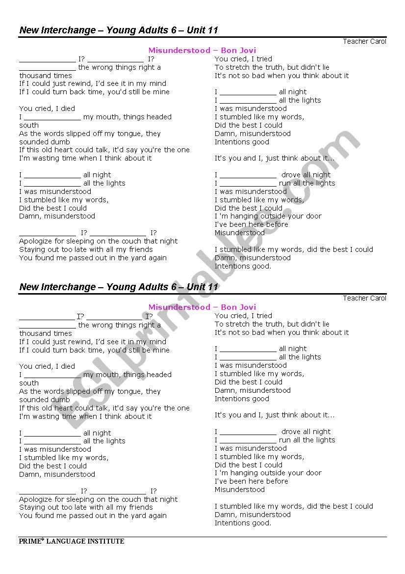 Song Misunderstood worksheet