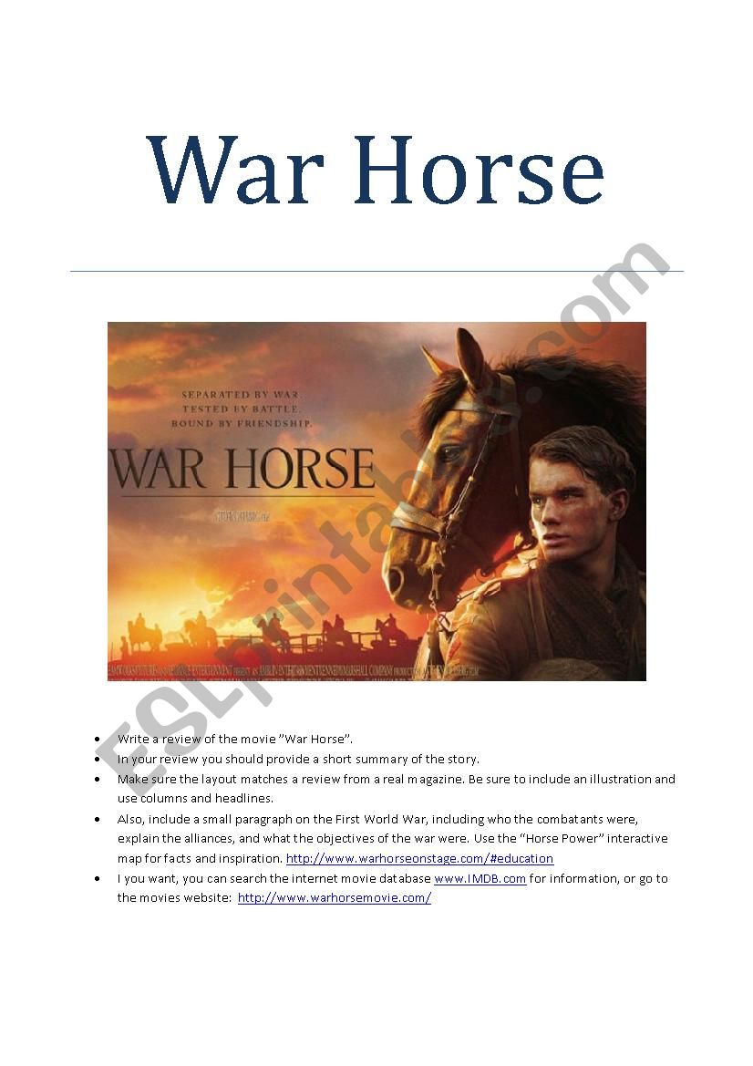 War Horse Movie Review worksheet