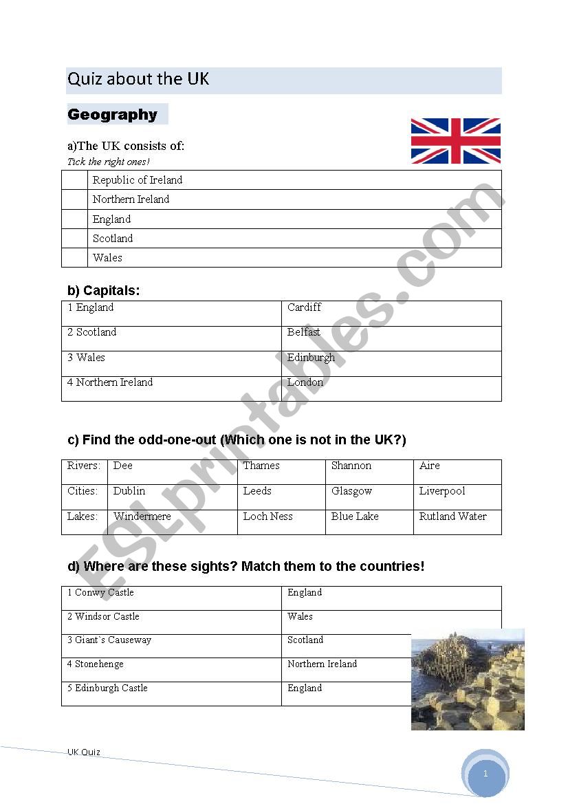 Quiz about the UK worksheet