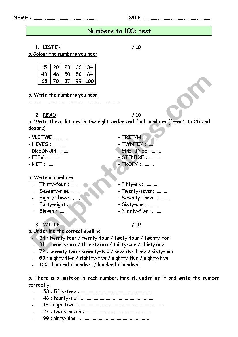 Numbers worksheet