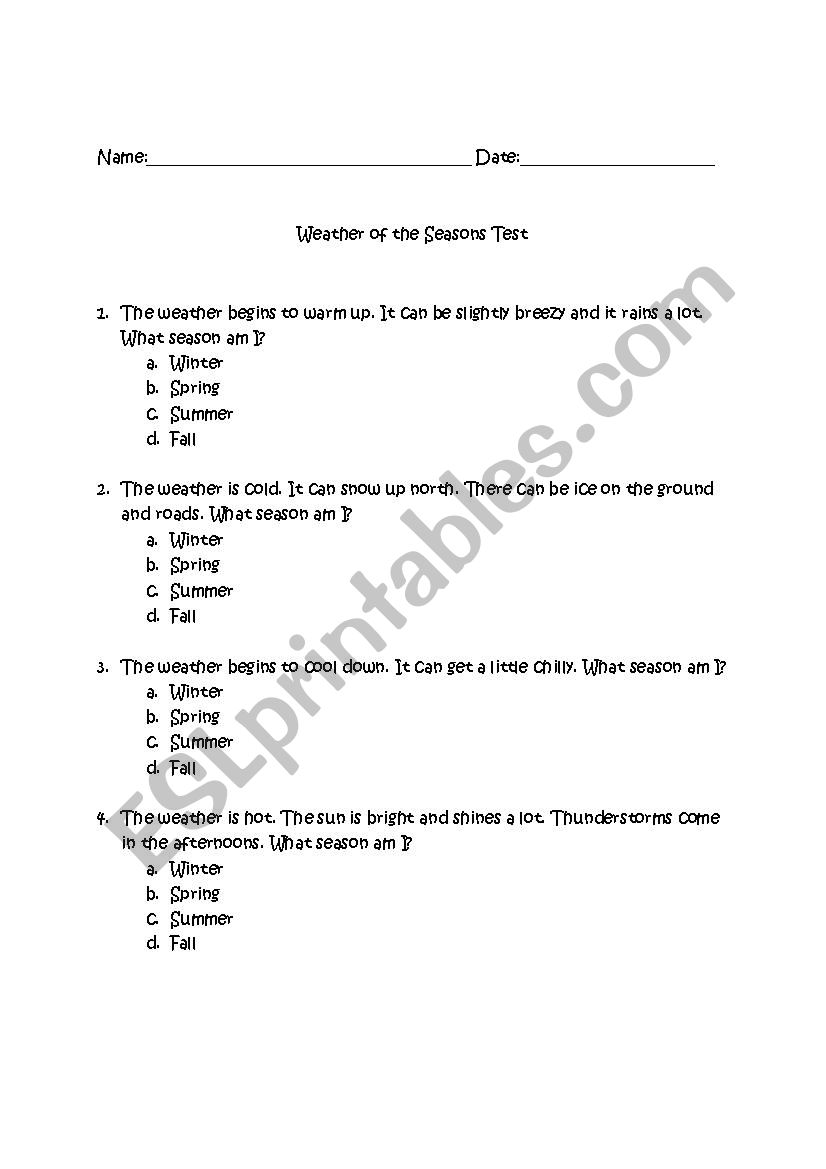 Weather of the Seasons worksheet