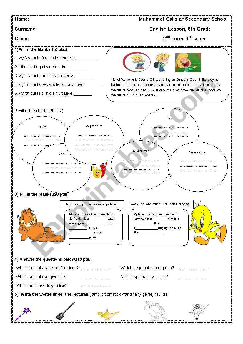 Evaluation for 5th grades 2 - cartoon characters