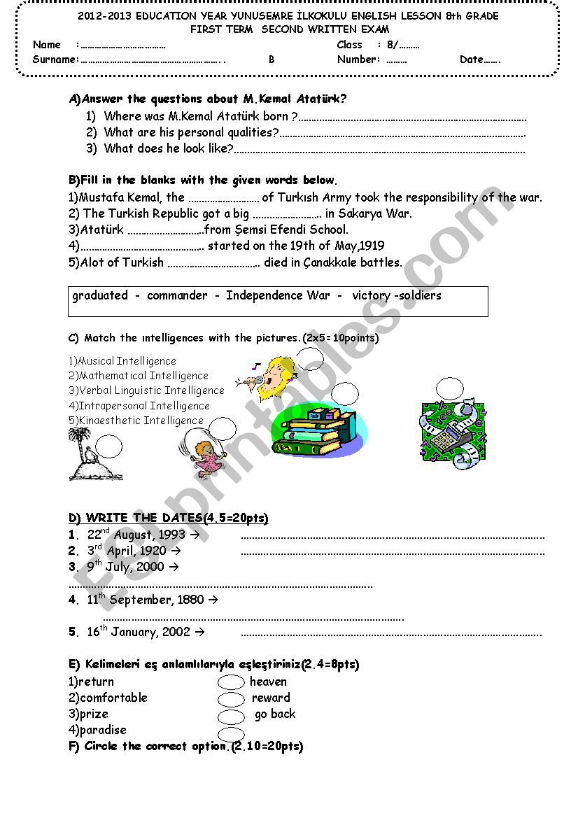 an english exam for grade 8 worksheet