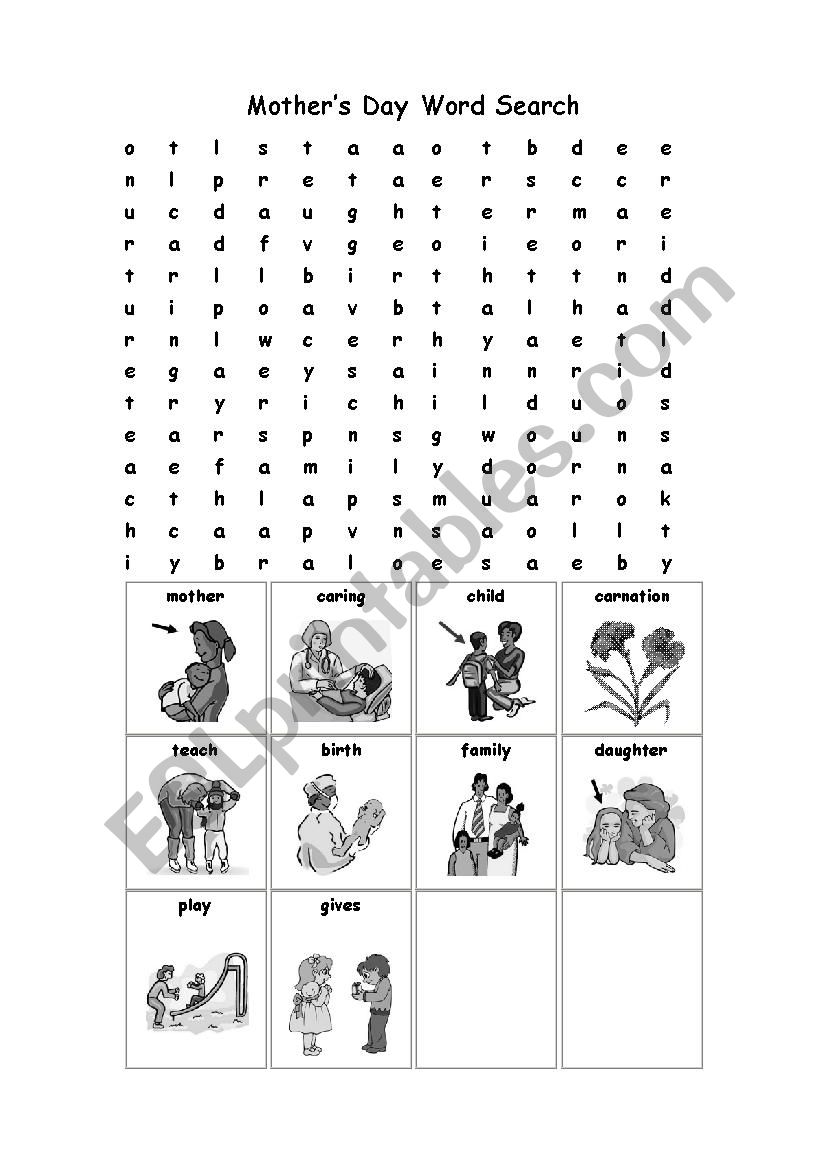 Mothers day word search worksheet