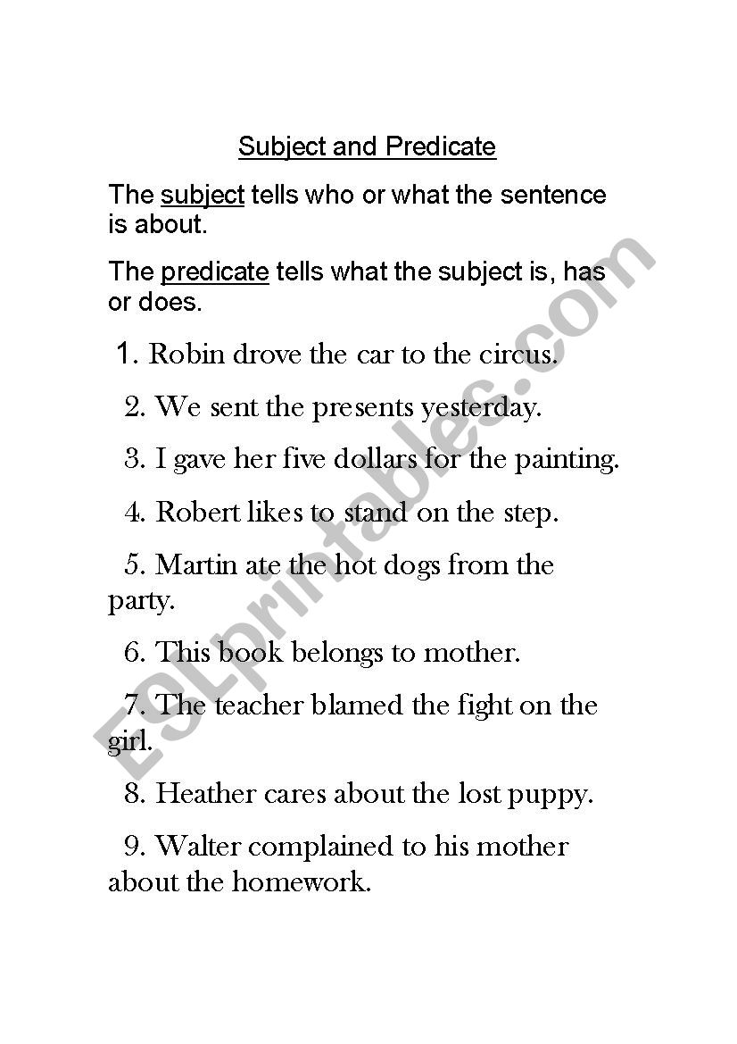 Subject and Predicate worksheet