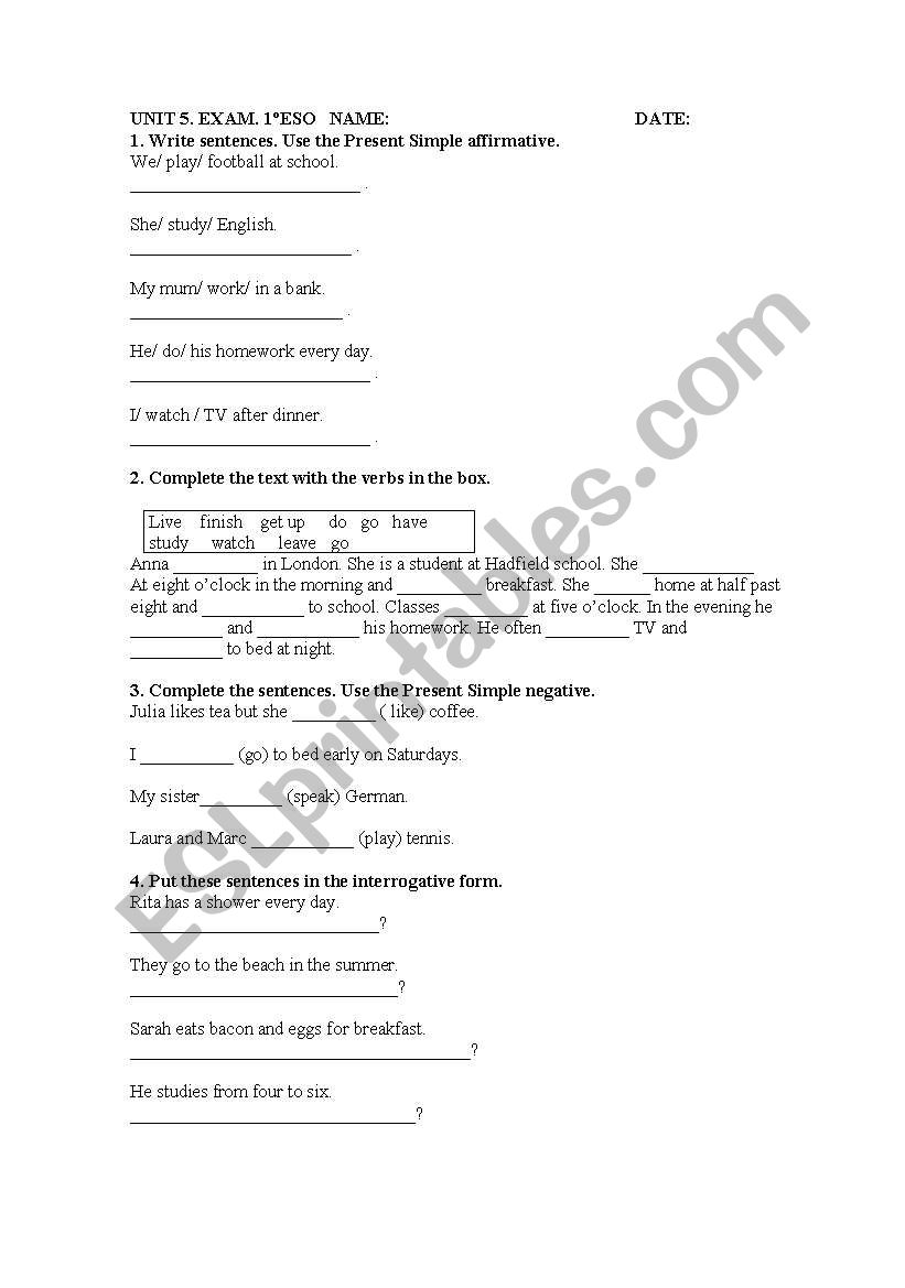 exam for 1st of ESO worksheet