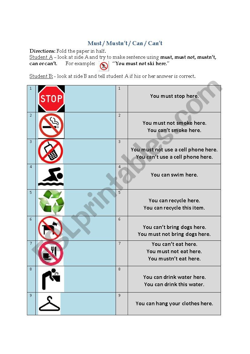 Must Can - Mustnt Cant worksheet