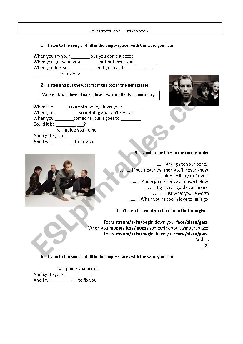 SONG Fix you worksheet