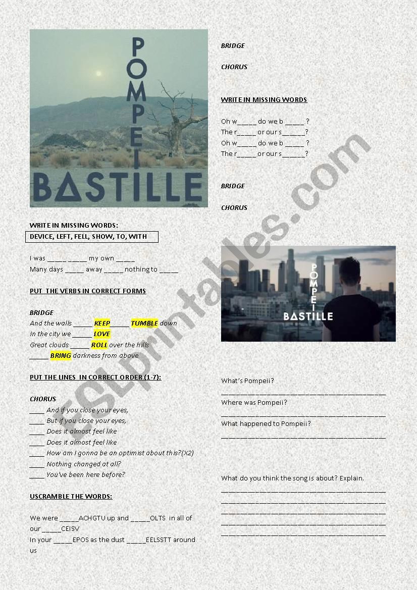 BASTILLE - POMPEII worksheet