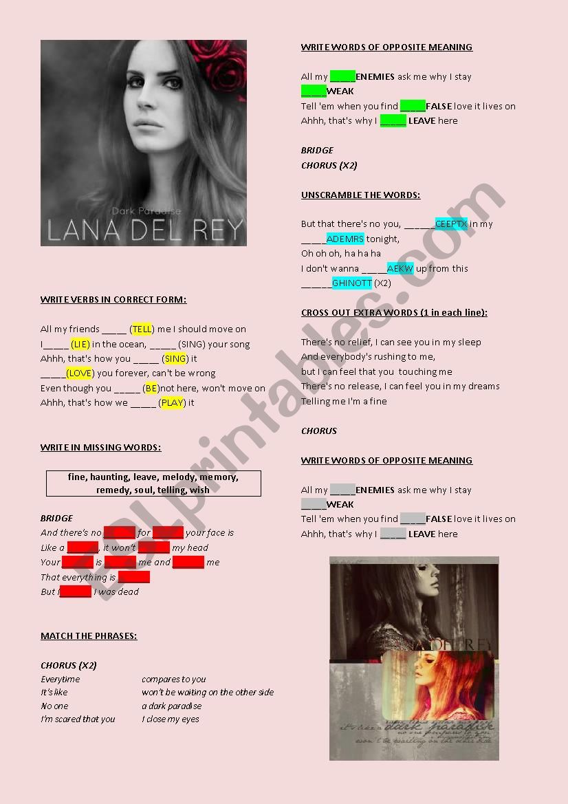 LANA DEL REY - DARK PARADISE  worksheet