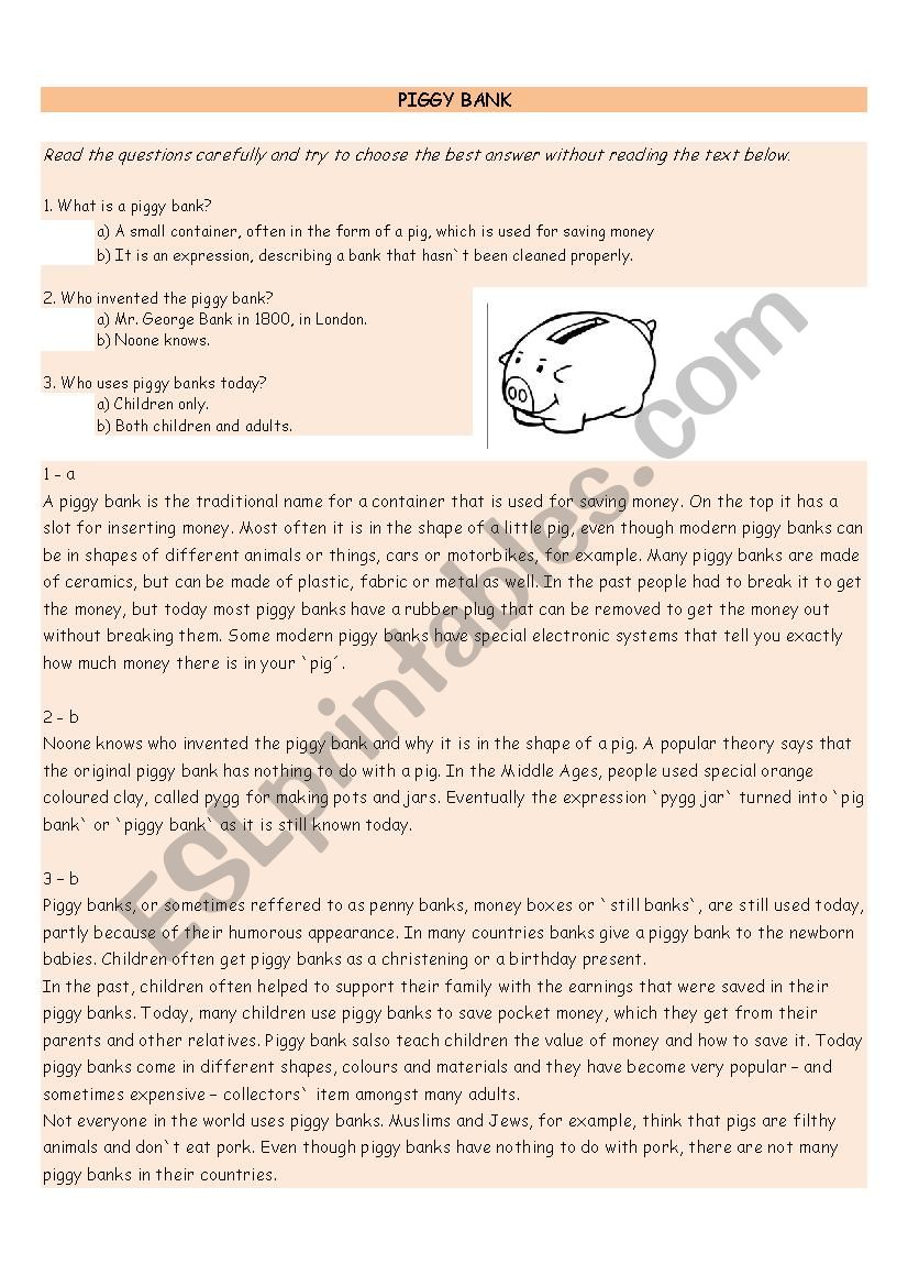 Piggy bank worksheet