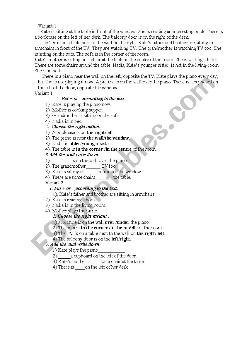 test :prepositions of place, room description and present continious.