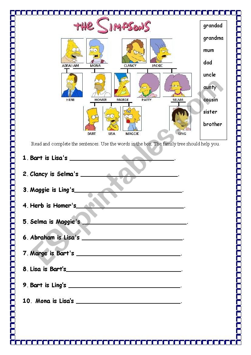 The Simpsons family tree worksheet