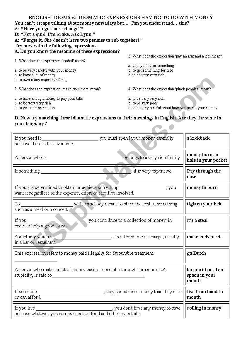 Money expressions  worksheet