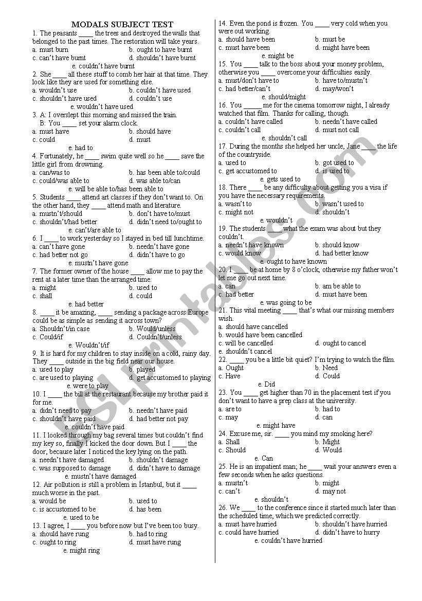 modals test with answers worksheet