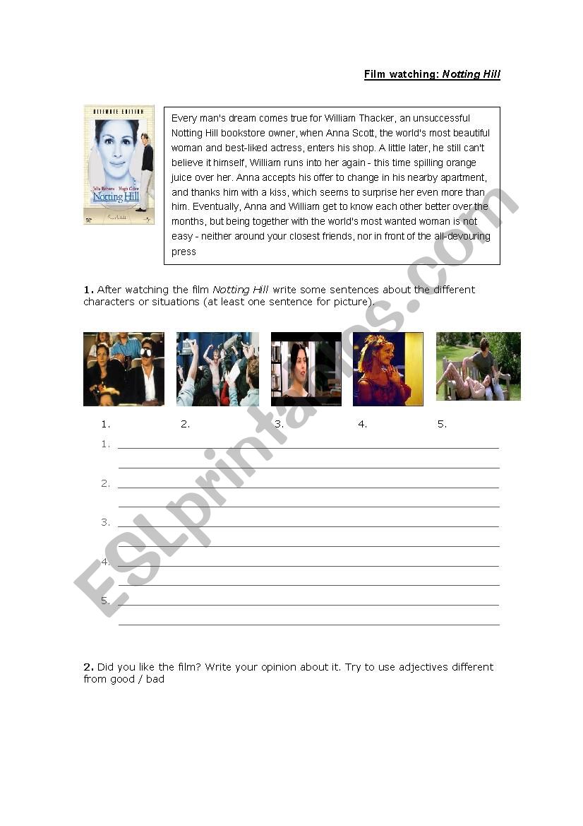 Notting Hill film exercices worksheet