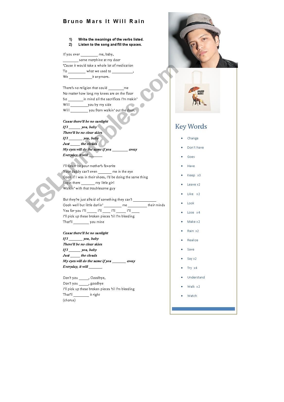 It Will Rain Bruno Mars worksheet