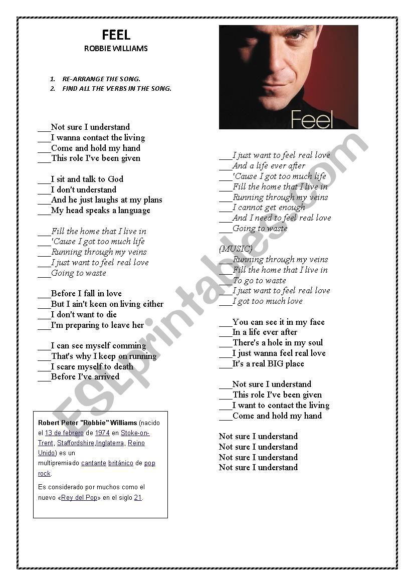 Feel Robbie Williams worksheet