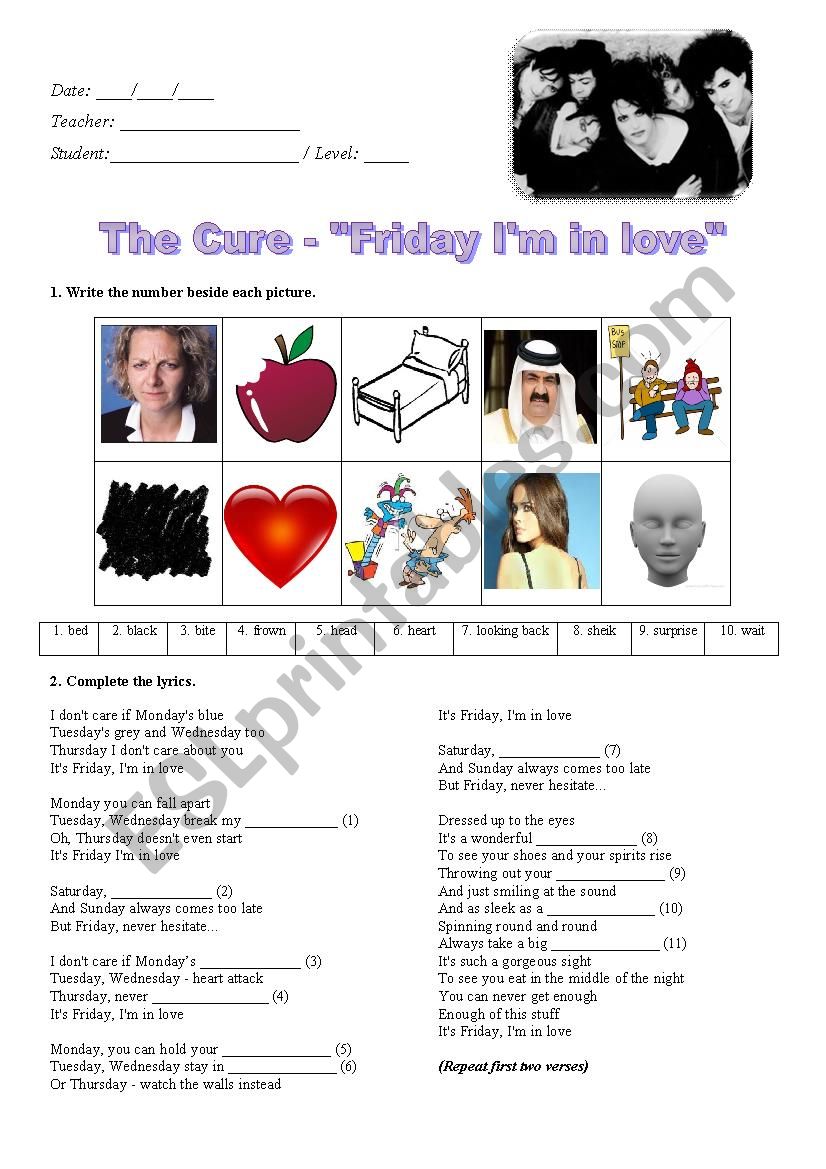 The Cure - Friday Im in Love worksheet