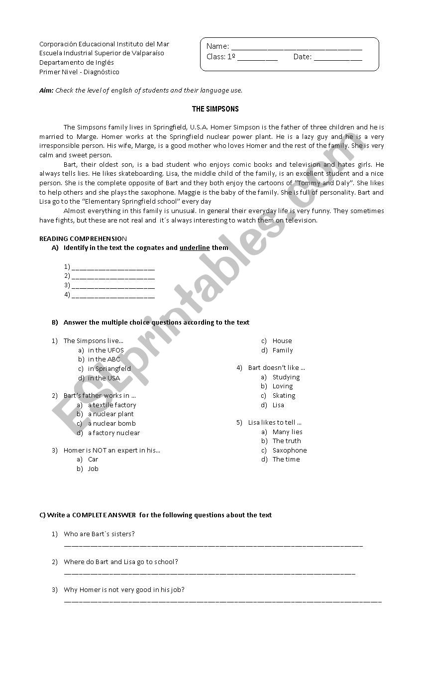 Diagnostic test worksheet