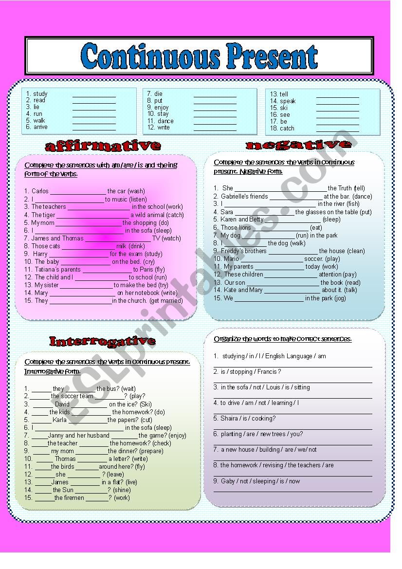 Present Continuous Worksheet  worksheet