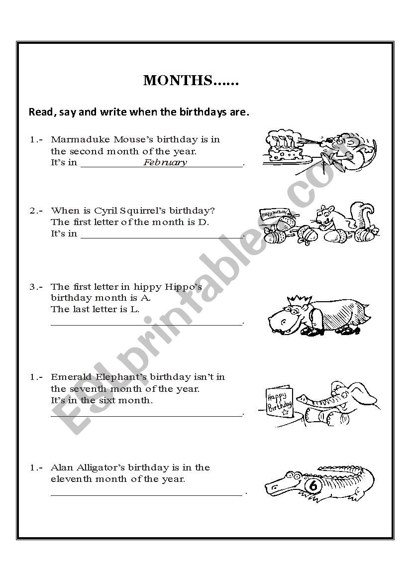 months worksheet