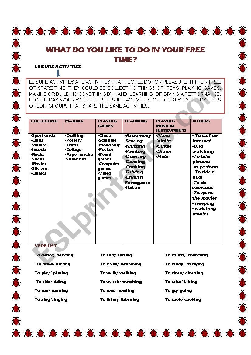 Leisure Activities worksheet