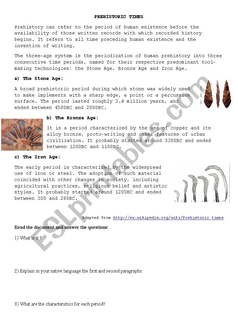 Prehistoric Times worksheet