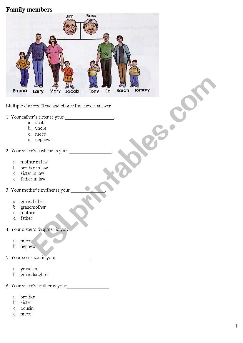 family member Quiz worksheet