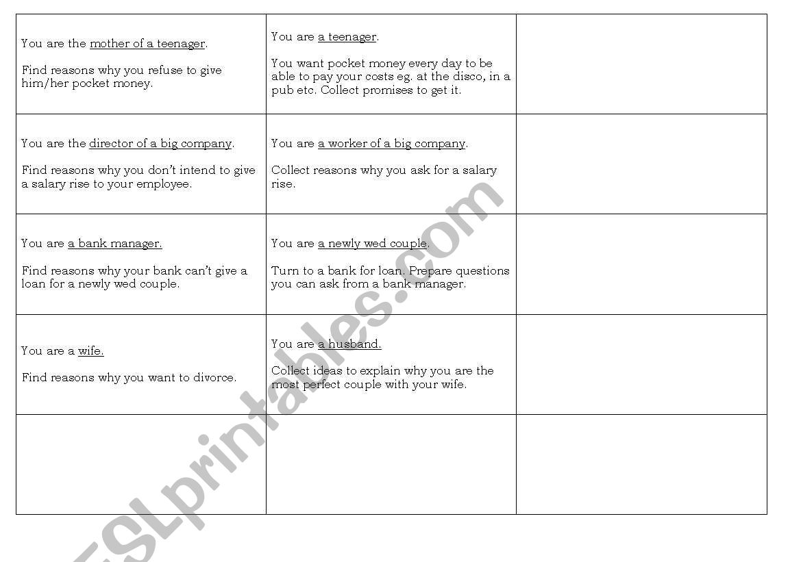 Money role cards worksheet