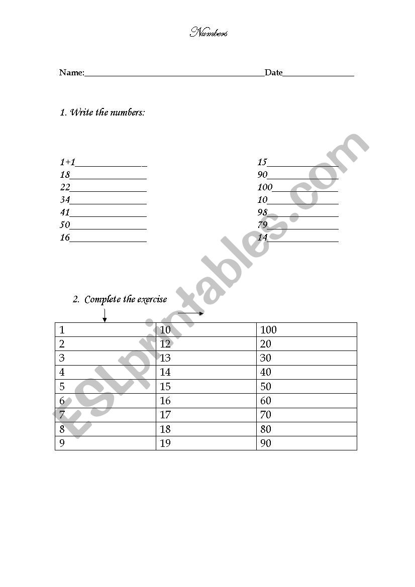 Numbers  worksheet