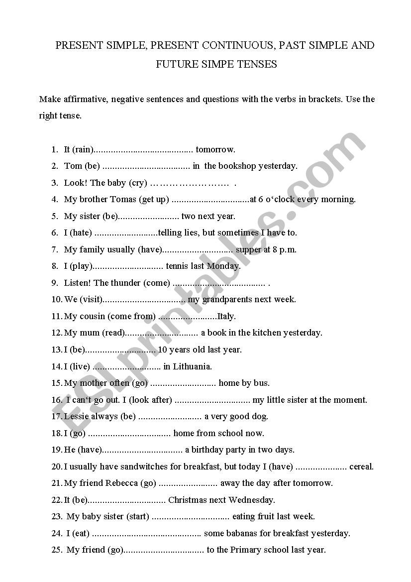 Present simple, present continuous, past simple and future simple tenses