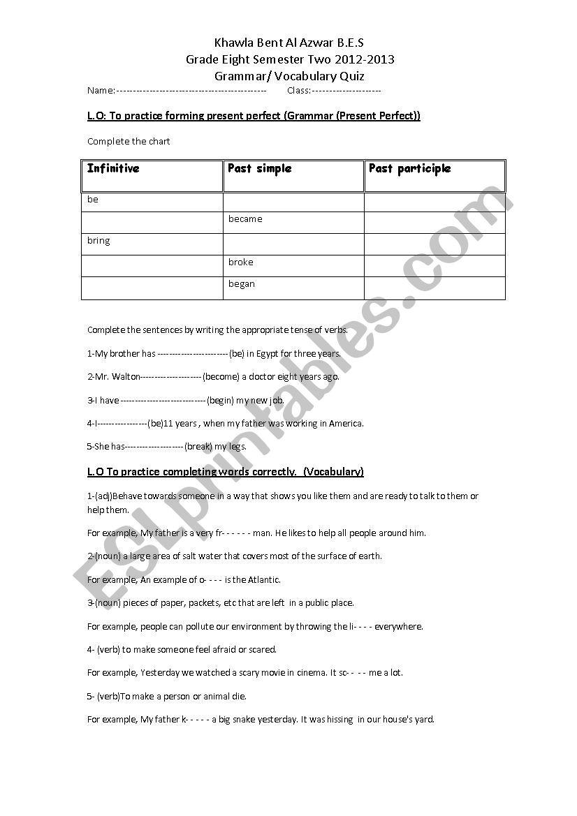 Grammar & vocabulary worksheet