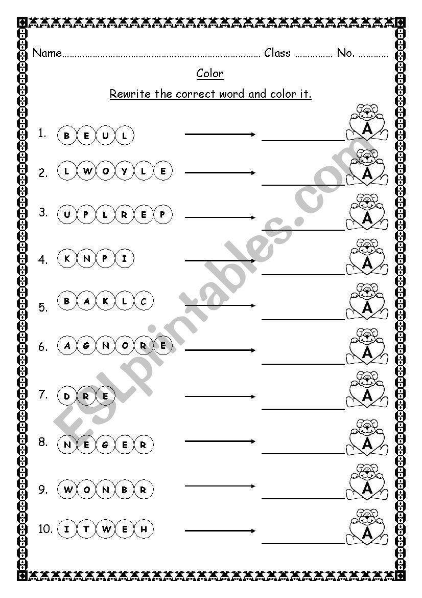 colours worksheet