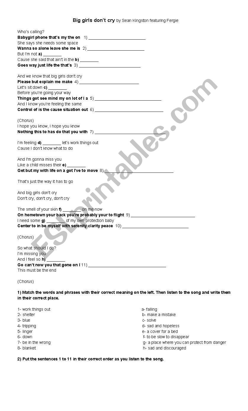 Song - Big Girls worksheet