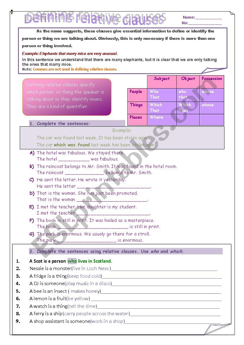 defining relative clauses worksheet