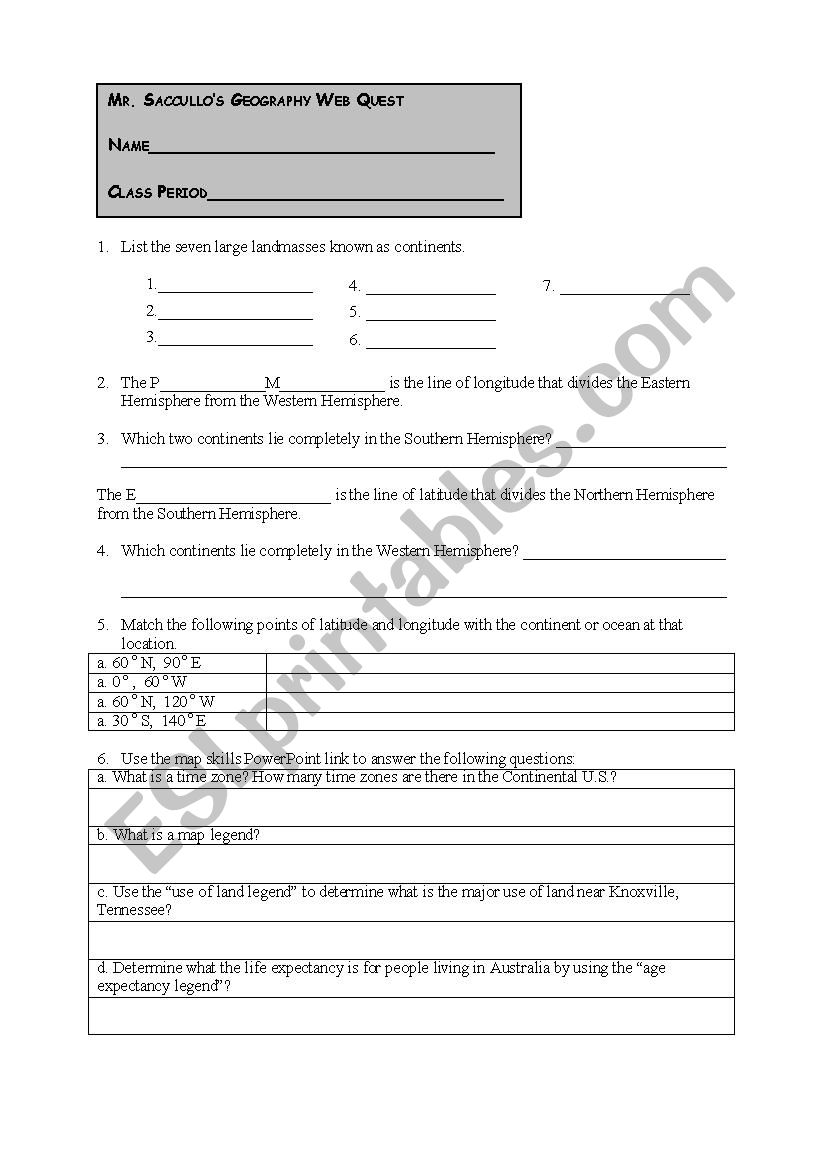 Geography Webquest worksheet