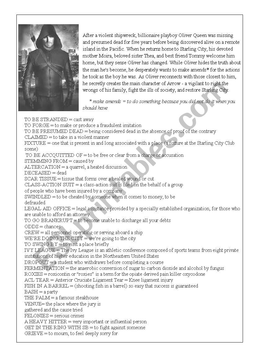 Arrow - 1st season pilot worksheet