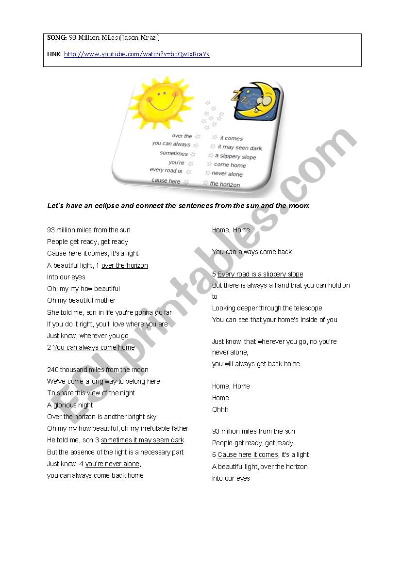 93 million miles - jason mraz worksheet